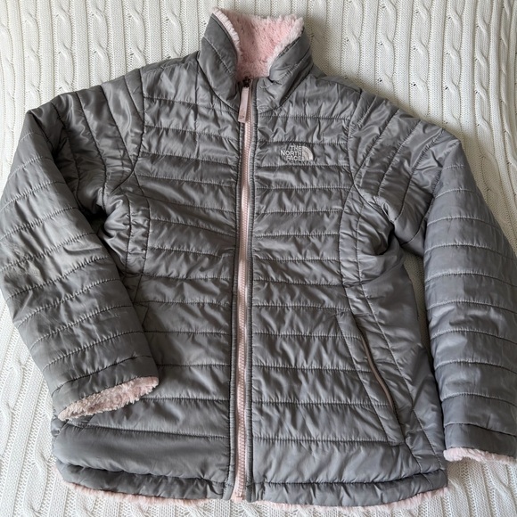 The North Face Other - North Face Reversible Mossbud Swirl Puffer Coat Jacket Zip Gray Pink Girls L 14
